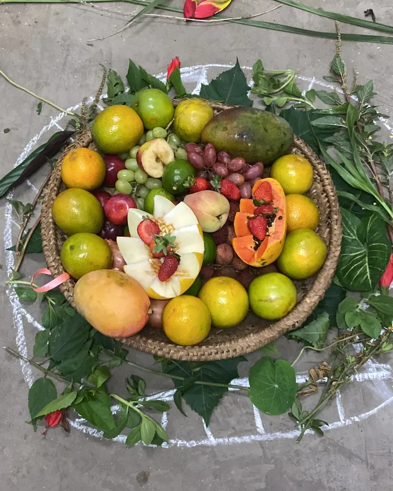 Cesto de frutas sobre folhas, dentro de um círculo riscado no chão