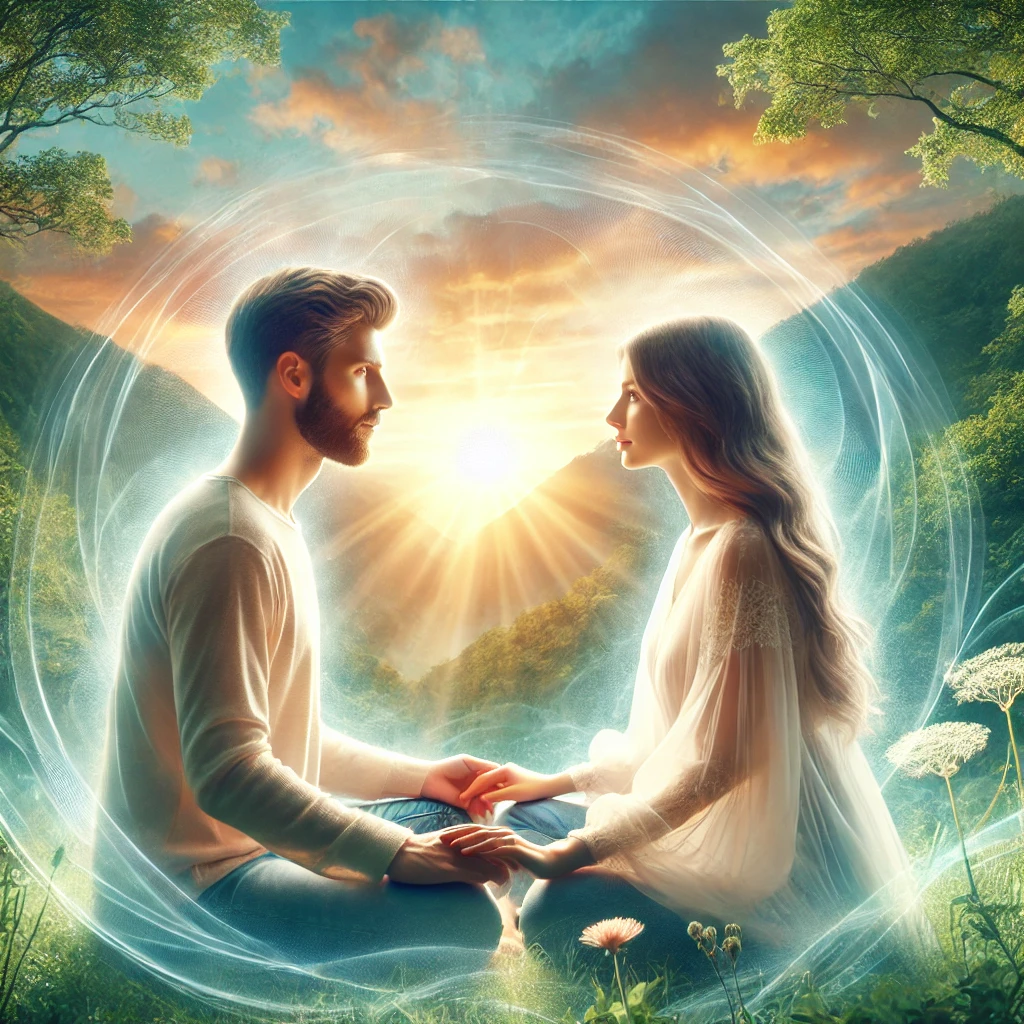 DALL·E 2025-03-07 16.56.40 – A serene couple sitting together in a peaceful natural setting, surrounded by soft glowing energy. They are holding hands, looking into each other’s e