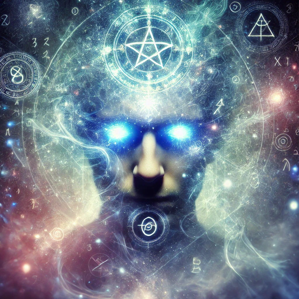 DALL·E 2025-03-07 16.58.22 – A mystical person enveloped in magical energy, with glowing symbols and ethereal light surrounding them. Their eyes radiate a supernatural glow, and t