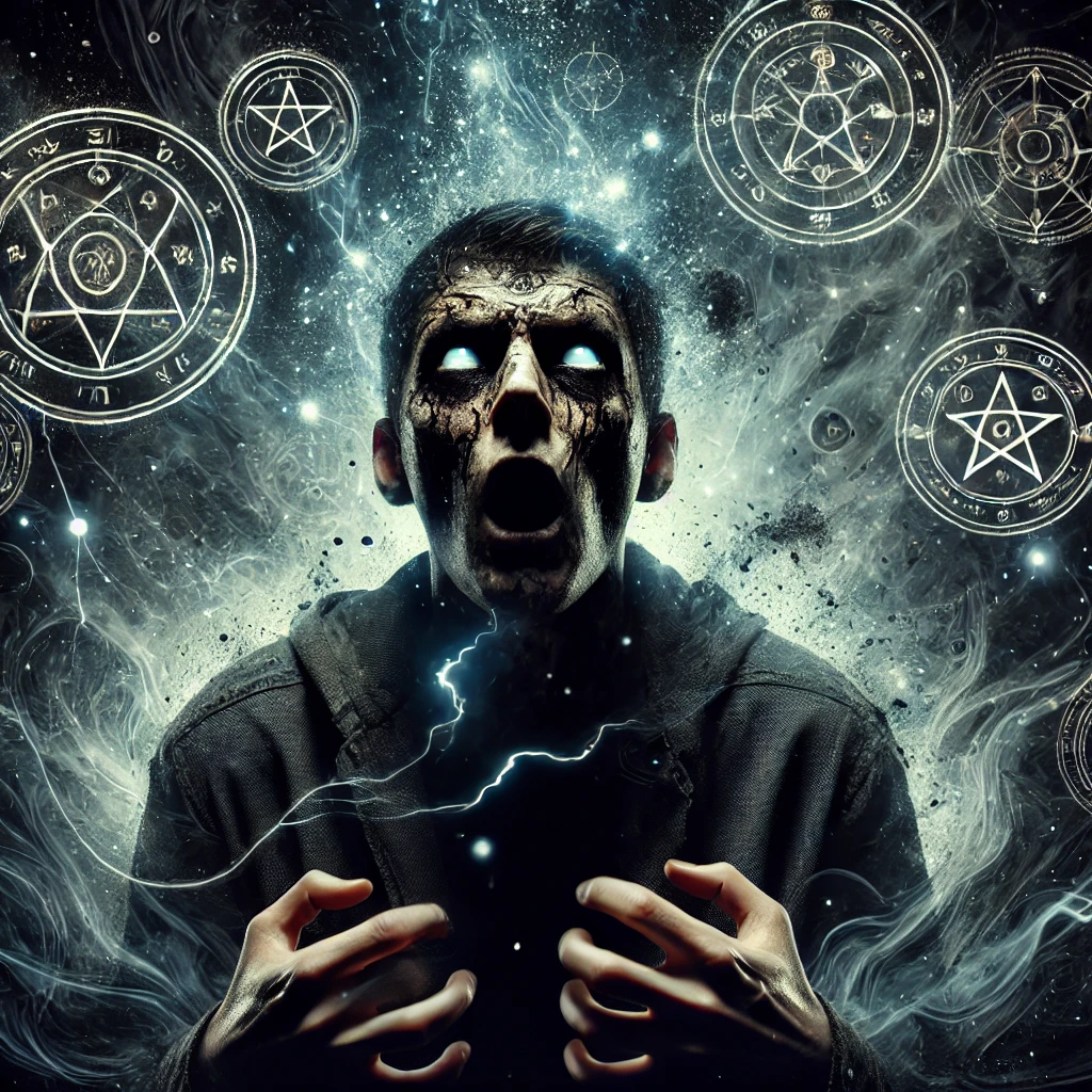 DALL·E 2025-03-07 17.00.14 – A person engulfed in dark magic, surrounded by shadowy energy and ominous glowing symbols. Their expression appears distressed or possessed, with eeri
